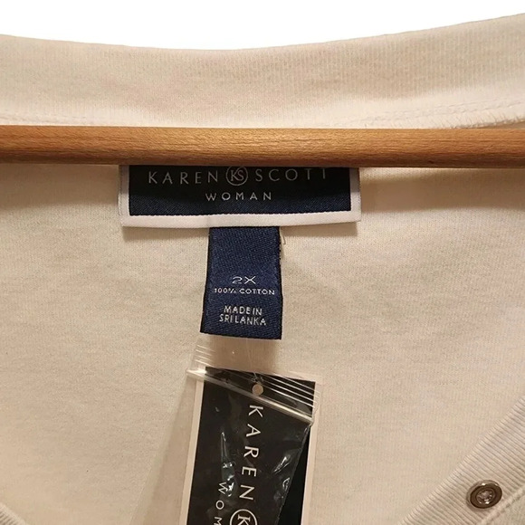Karen Scott Shirt Womens Size 2X White Knit 100% Cotton Button V Neck Pullover - Picture 3 of 7